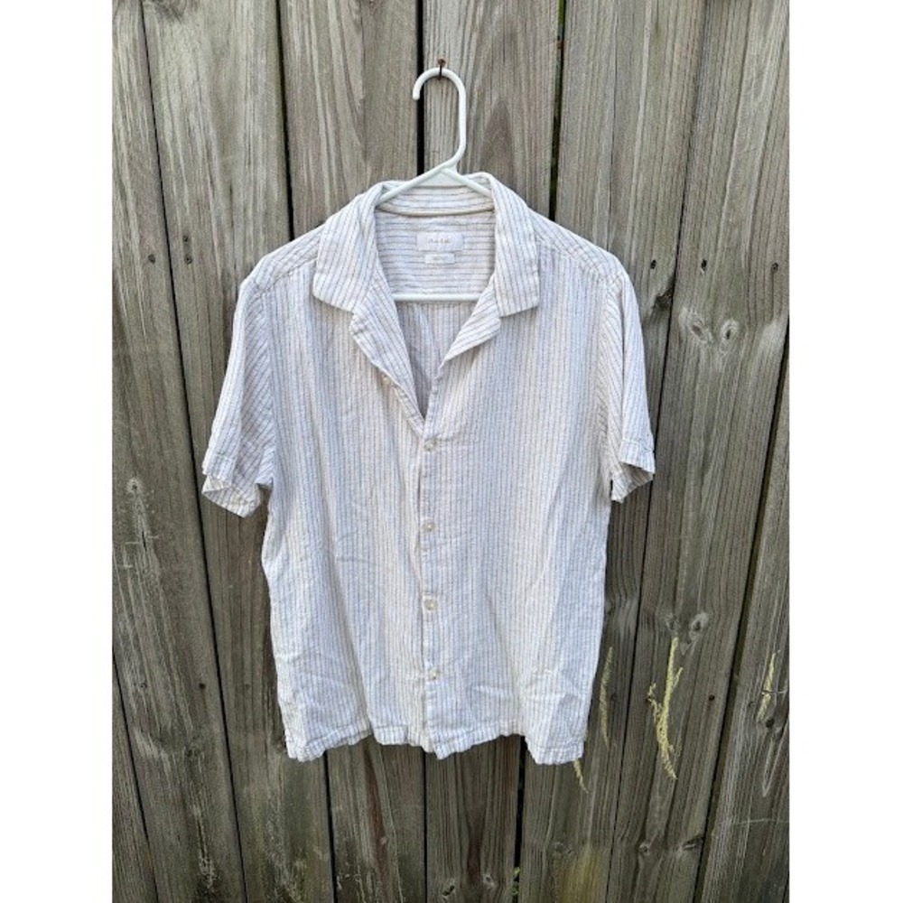 Coastal Linen Porter & Ash Button Down Shirt L White Striped Camp Collar